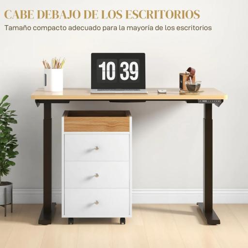 Cajonera de Oficina con 4 Ruedas 3 Cajones y 1 Bandeja Extraíble Carga 30 kg 43x40x66,5 cm Blanco y Natural [4]