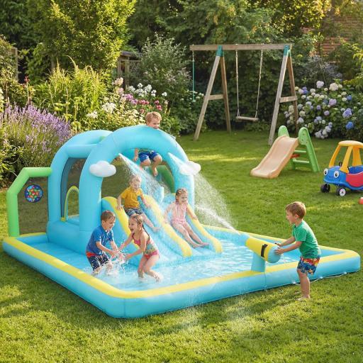 Castillo Hinchable Acuático 7 en 1 con Soplador 2 Toboganes Trampolín Piscina Canasta Columna de Boxeo 426x360x198 cm