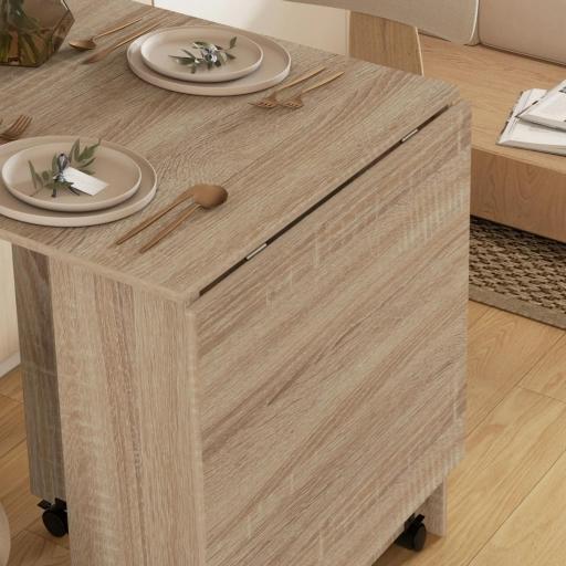 Mesa Plegable con 2 Alas Abatibles de Madera 2 Estantes y Ruedas para Cocina Comedor 75x140x74 cm Madera Natural [7]