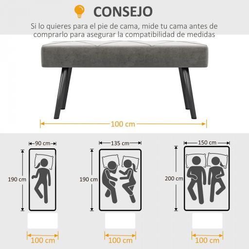 Taburete Pie de Cama Multifuncional con Pies de Acero y Asiento Acolchado para Entrada Pasillo 100x36x45 cm Gris [5]