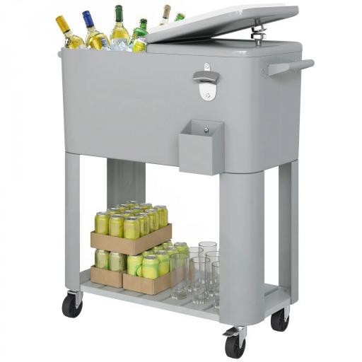 Carrito Nevera de 76L con Ruedas Estante Abrebotellas Recogetapas Drenaje y 2 Asas para Patio Fiesta 92x39x81 cm Plata [9]
