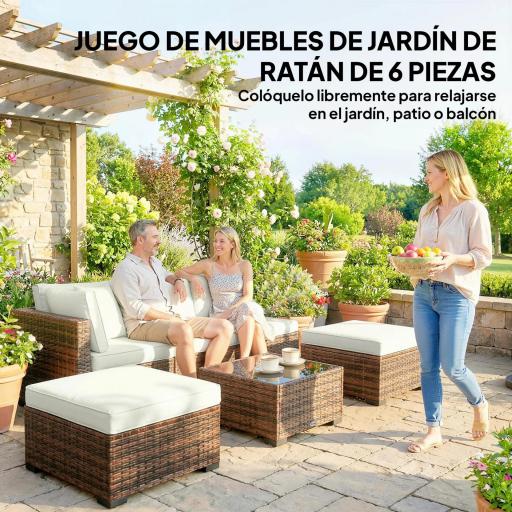 Conjunto de Jardín Exterior de Ratán de 6 Piezas con Silla Esquinero 2 Sillas sin Brazos Reposapiés y Mesa Marrón [2]