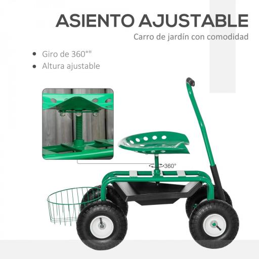 Asiento de Jardín con Ruedas Asiento Giratorio y Ajustable en Altura Bandeja de Herramientas Cesta para Exterior Verde [7]