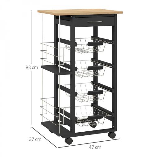 Carrito de Cocina con Ruedas Carrito Multiusos con Cajón 4 Cestas Extraíbles de Metal y Bastidores 47x37x83 cm Negro [1]