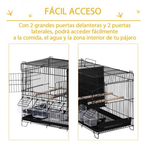 Jaula para Pájaros con Divisor Ganchos Superiores Puertas Comederos Perchas y Bandeja Extraíble 59,5x26,5x39,5 cm Negro [5]