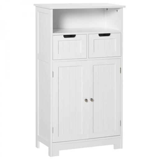 Armario de Baño con 2 Puertas Estante Ajustable 2 Cajones y Compartimento Abierto Mueble Auxiliar de Almacenaje para Salón Cocina 60x30x108,8 cm Blanco [8]