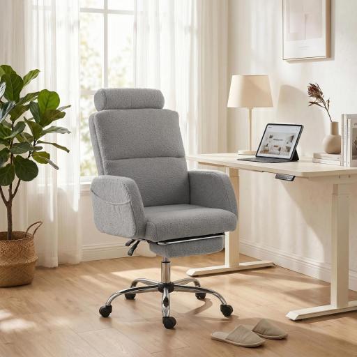 Silla de Escritorio con Reposapiés Tapizada en Borreguito con Respaldo Reclinable Reposacabezas Ajustable Gris Claro [7]
