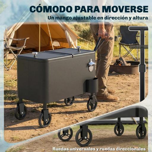 Carrito Nevera de 56L con Ruedas Mango Ajustable Abrebotellas Recogetapas Drenaje y Asa 75x35x120 cm Negro [5]