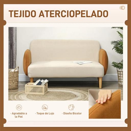 Sofá de 2 Plazas Tapizado en Terciopelo con Reposabrazos y Patas de Madera Sofá Pequeño Carga 240 kg 130x74x76 cm Crema [4]