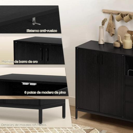 Aparador de 3 Puertas Aparador de Salón con 3 Cajones Estantes Ajustables para Cocina Entrada Negro 143,5x40x90 cm [5]