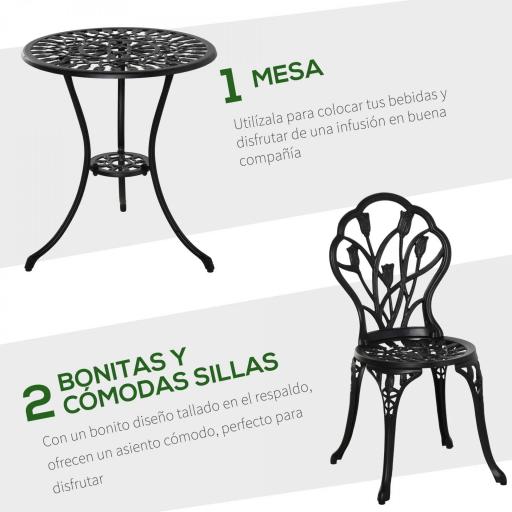 Set de Jardín 3 Piezas con Mesa Redonda Ø60x67 cm y 2 Sillas 42,5x47,5x89 cm Mesa con Orificio para Sombrilla Negro [6]
