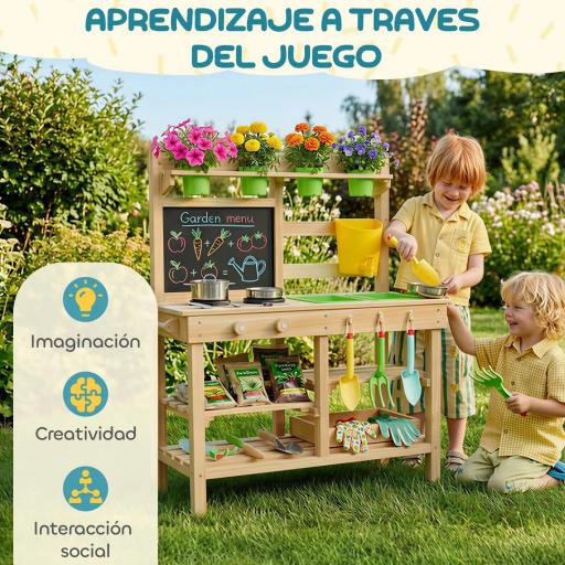 Cocina de Juguete Exterior de Madera con Macetas Fregaderos Grifo Utensilios de Acero Inoxidable Natural [6]