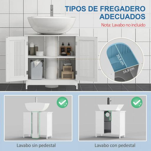 Mueble para Debajo del Lavabo Armario Baño de Suelo de Madera con 2 Puertas Ventiladas y Estante Ajustable Interior Moderno 60x30x60 cm Blanco [2]
