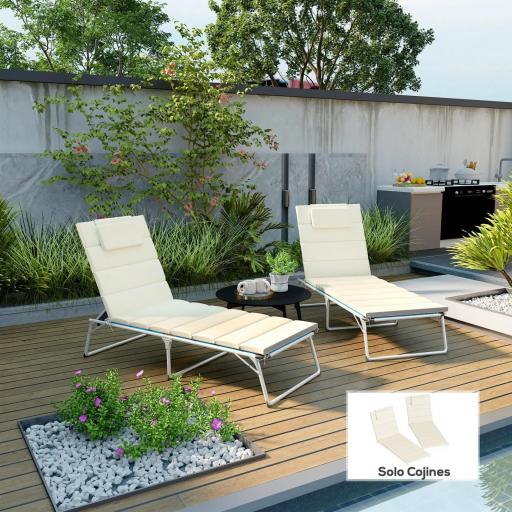 Pack 2 Cojines para Tumbonas Plegables 203x66x3 cm con Reposacabezas y Correas de Sujeción Crema