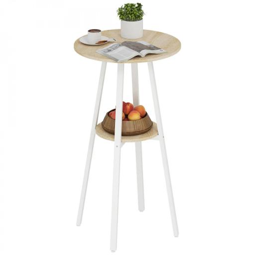 Mesa Alta Cocina Redonda con Estante de Almacenamiento Moderna para 2 Personas 55x55x95 cm Madera Natural y Blanco [8]