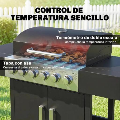 Barbacoa de Gas con 6 Quemadores Termómetro Parrilla Mesas Laterales Armario y Ruedas 135x51x101 cm Negro [4]