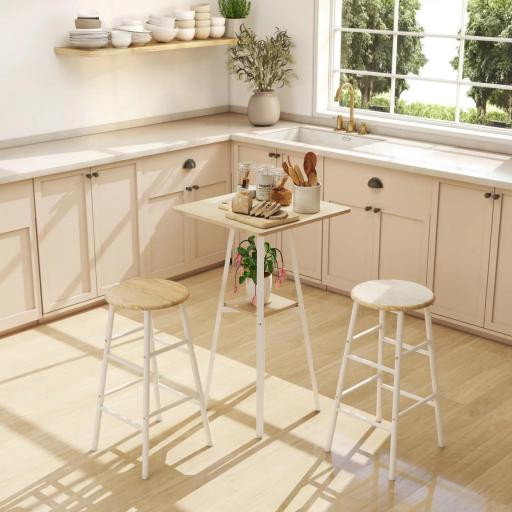 Mesa Alta Cocina Cuadrada con Estante para 2 Personas Patas de Metal 55x55x95 cm Madera Natural y Blanco [3]