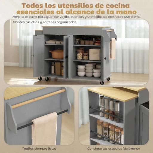 Isla de Cocina con Ruedas Encimera Extensible 4 Puertas Estantes Ajustables Especiero y Soporte para Toallas Gris [5]