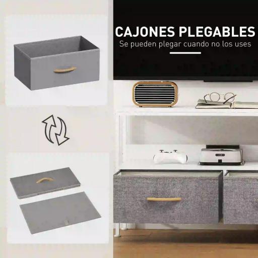 Mueble de TV con Estante y 2 Cajones de Tela Plegables para Televisores hasta 47 Pulgadas Largo de 98 cm Blanco y Gris [3]