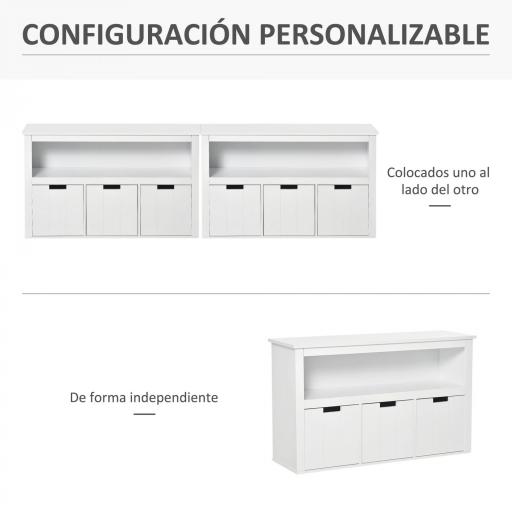 Aparador de Salón con 3 Cajones Extraíbles y Estantes Abiertos para Libros Juguetes Armario Auxiliar de Almacenamiento para Dormitorio Cocina 102x33x61,5 cm Blanco [8]