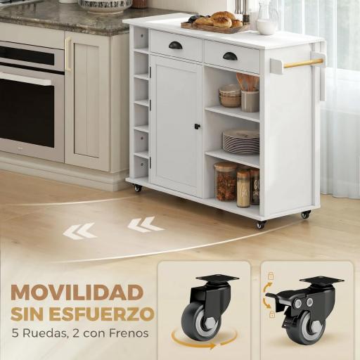 Isla de Cocina con Ruedas Tapa Abatible Especiero Toallero Armario 2 Cajones 117,5x70x91 cm Blanco [5]