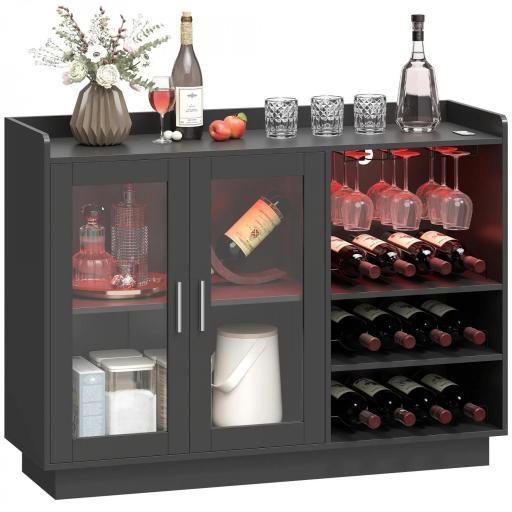 Mueble de Bar con Luces LED RGB y Botellero para 12 Botellas Armario Buffet para Vinos para Comedor Salón Negro [9]