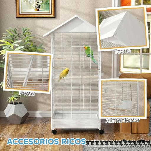  Jaula para Pájaros con Ruedas 79x65x155 cm Jaula Grande con 2 Comederos 8 Perchas y Bandeja Extraíble Blanco [3]