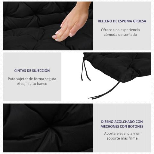 Cojín para Banco con Respaldo 100x98x8 cm de 2 Plazas con Cordones de Fijación para Jardín Terraza Balcón Exterior Negro [4]