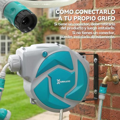 Manguera Retráctil de Pared con Carrete de 10+1 m con Retorno Enrollado Automático y Boquilla de 7 Funciones Gira 180° [4]