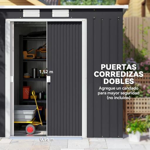 Cobertizo de Jardín Exterior 2,4 m² 213x130x172 cm con Puerta Corredera Techo Inclinado Base sin Suelo y Ventanas Gris [6]