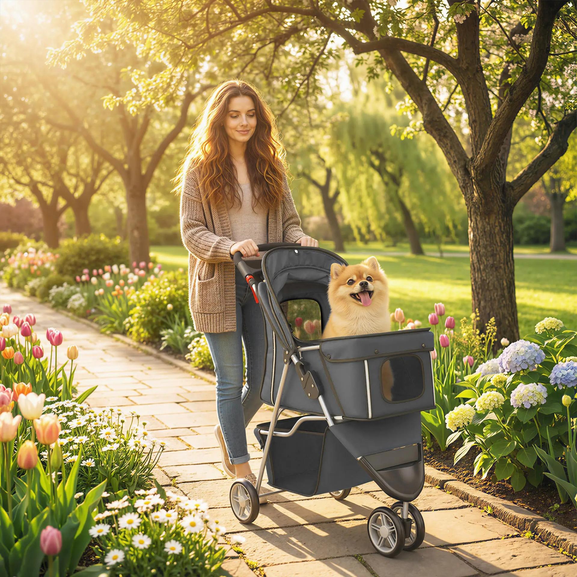 Carrito para Perros Pequeños con Cesta de Almacenaje Ventanas de Malla y Cinturón de Seguridad 77x44x102 cm Gris Oscuro