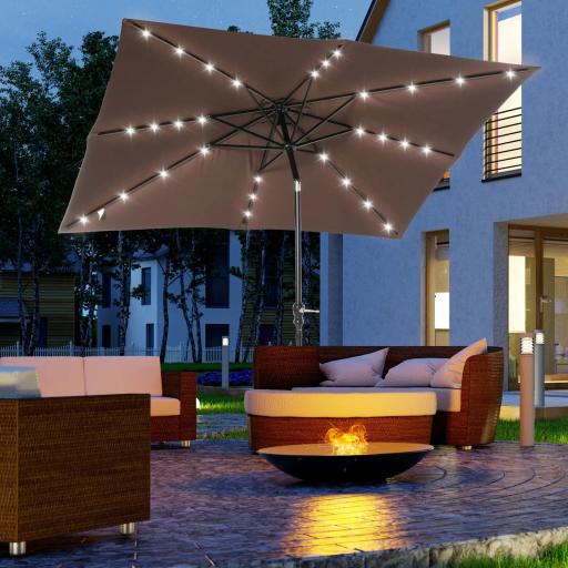 Parasol de Terraza Exterior 268x205x248 cm con Techo Inclinable hasta 45° Luces LED Solares y Manivela Marrón
