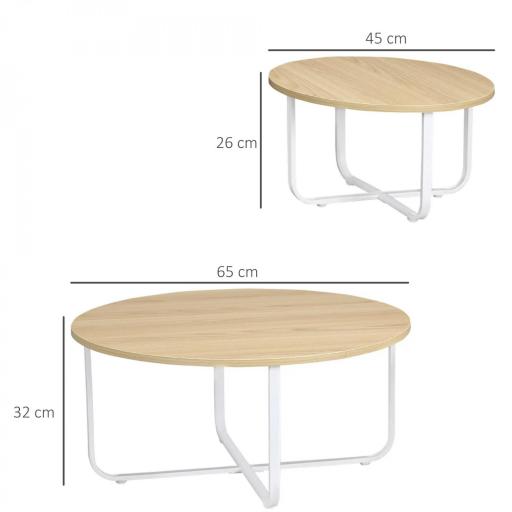 Juego de 2 Mesas de Centro Ø65x32 cm y Ø45x26 cm con Encimera de Madera y Patas de Metal Natural y Blanco [1]