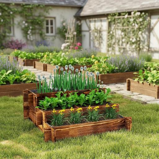 Arriate de Jardín de 3 Niveles con Diseño de Escalera y Tela no Tejida para Cultivos Flores 93x93x35 cm Carbonizado [4]