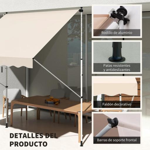 Toldo Manual Retráctil 300x150x170-280 cm con Altura Ajustable Manivela y Protección Solar para Terraza Beige [5]