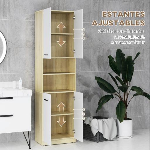 Armario Alto de Baño con 4 Puertas 2 Estantes Abiertos y Estantes Ajustables 53x33,5x195,7 cm Blanco y Roble [4]
