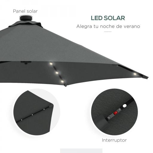 Sombrilla Excéntrica de 3 m con Luces LED con Manivela y Base Cruzada para Exterior Patio Terraza Gris Oscuro [3]