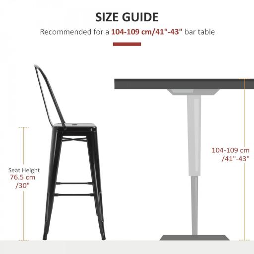 Juego de 4 Taburetes Altos de Cocina de Metal con Respaldo Alto y Reposapiés para Comedor 44x46x116 cm Negro [6]