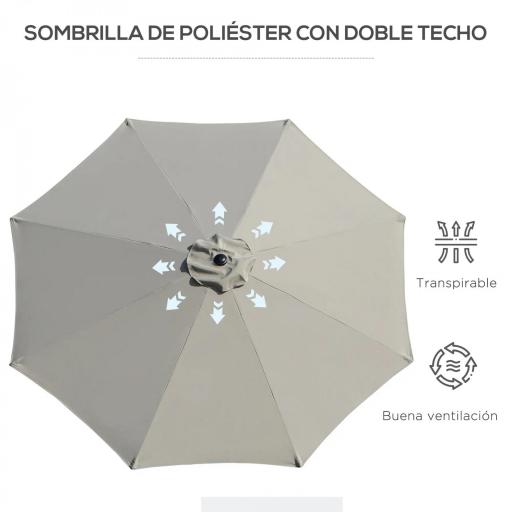 Sombrilla de Jardín Ø295x250 cm con Manivela Parasol Exterior con Mecanismo de Inclinación y Poste Desmontable de Metal para Terraza Piscina Patio Gris Claro [6]