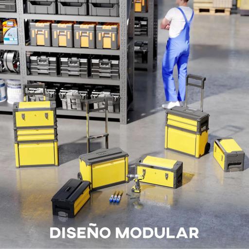 Caja de Herramientas con Ruedas Apilable Carro de Herramientas de Acero con Bandeja Mango Telescópico Amarillo y Negro [6]