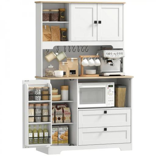 Alacena de Cocina con 3 Puertas 2 Cajones 3 Estantes en la Puerta 8 Ganchos Encimera Amplia Blanco [10]