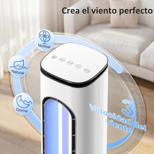 Ventilador de Torre sin Aspas con Luces LED Control Remoto 3 Velocidades 3 Modos Temporizador 15H Oscilación 50° Blanco [6]
