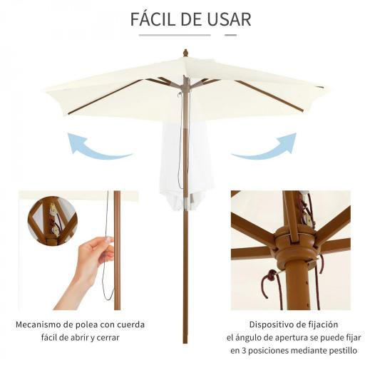 Sombrilla Parasol de Madera Ø250x230cm para Exterior con 6 Varillas Sistema de Polea Color Blanco [4]