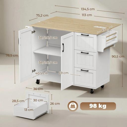 Isla de Cocina con Encimera Extensible Estación de Carga Ruedas 2 Puertas 3 Cajones Especiero y Toallero Blanco [1]
