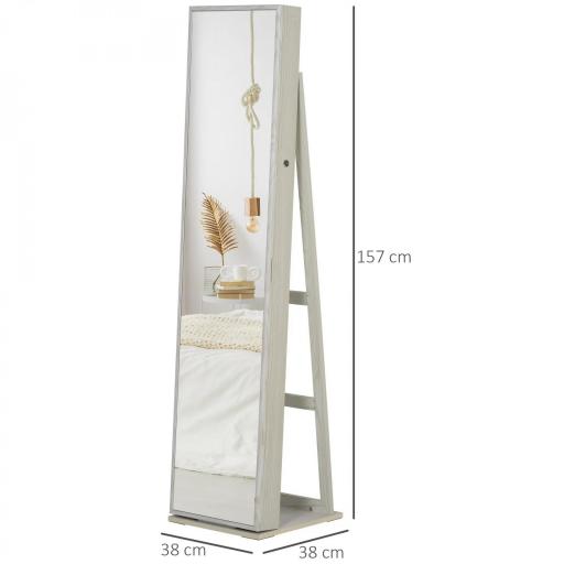Espejo Joyero de Pie Armario Joyero con Luces LED y Cerradura Armario de Joyas con Espejo Integrada para Dormitorio Blanco con Veta de Madera [1]