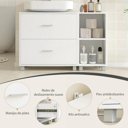 Mueble Bajo Lavabo Mueble de Baño con 2 Cajones y 2 Estantes Abiertos para Lavabo con Pedestal 90x30x60 cm Blanco [4]