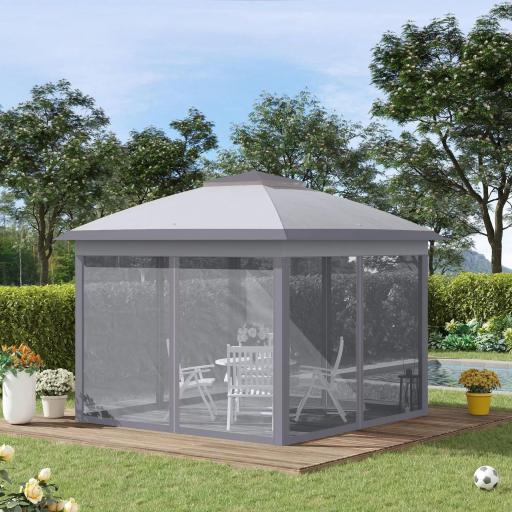 Carpa Plegable 3,3x3,3 m con Altura Ajustable Doble Techo 4 Mosquiteras Extraíbles y Bolsa de Transporte Anti-UV Gris