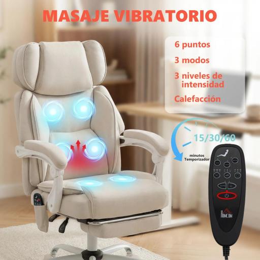  Silla de Escritorio Reclinable con Masaje Vibratorio de 6 Puntos Calor Lumbar Reposacabezas Ajustable Reposapiés Crema [7]