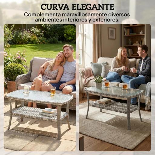 Mesa de Jardín Exterior Rectangular de Ratán con Estante Tablero de Vidrio Templado con Ondas 90x50x45 cm Gris Oscuro [7]