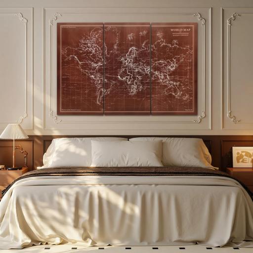 Cuadros en Lienzo Trípticos Mapamundi Vintage a Mano 120x60 cm con Marco de Madera Decoración para Dormitorio Marrón [2]